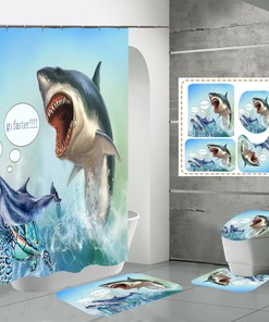 3D Funny Shark Dolphin Turtle Waterproof Shower Curtain Lid Set For A Beachy Bathroom