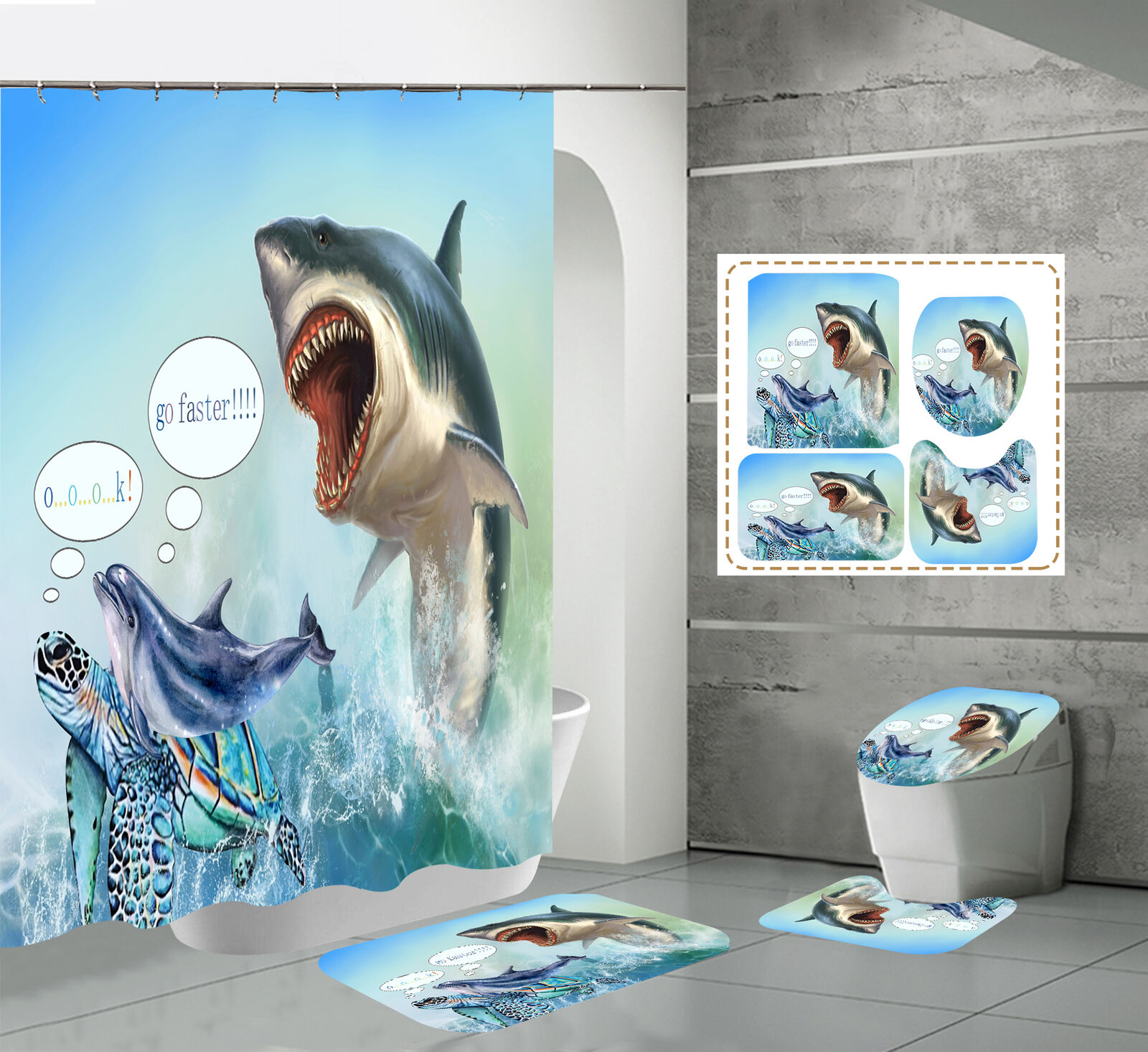 3D Funny Shark Dolphin Turtle Waterproof Shower Curtain Lid Set For A Beachy Bathroom