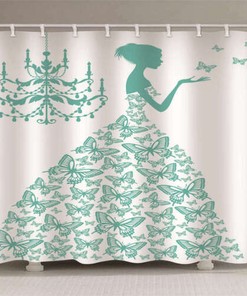 3D Green Butterfly Skirt Shower Curtain, Waterproof Fabric Bathroom Decoration With Nature Print 