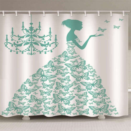 3D Green Butterfly Skirt Shower Curtain, Waterproof Fabric Bathroom Decoration With Nature Print