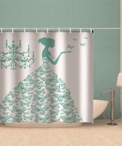 3D Green Butterfly Skirt Shower Curtain, Waterproof Fabric Bathroom Decoration With Nature Print