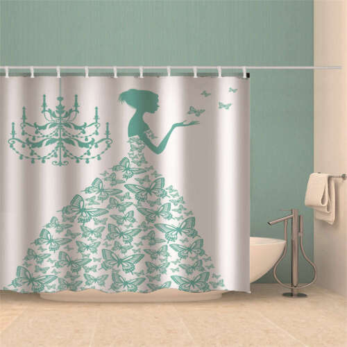 3D Green Butterfly Skirt Shower Curtain, Waterproof Fabric Bathroom Decoration With Nature Print