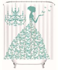 3D Green Butterfly Skirt Shower Curtain, Waterproof Fabric Bathroom Decoration With Nature Print