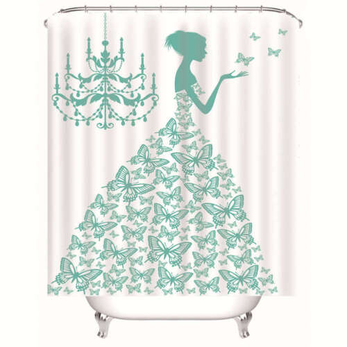 3D Green Butterfly Skirt Shower Curtain, Waterproof Fabric Bathroom Decoration With Nature Print