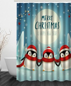 3D Kawaii Penguin Christmas Shower Curtain - Small Farmhouse Bathroom Decor