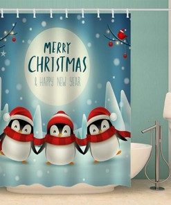3D Kawaii Penguin Christmas Shower Curtain - Small Farmhouse Bathroom Decor