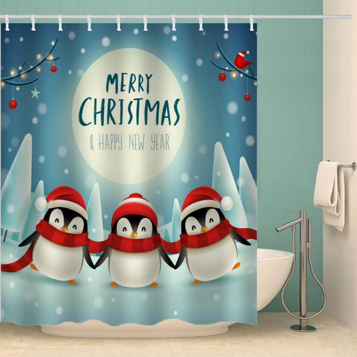 3D Kawaii Penguin Christmas Shower Curtain - Small Farmhouse Bathroom Decor