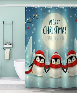 3D Kawaii Penguin Christmas Shower Curtain - Small Farmhouse Bathroom Decor