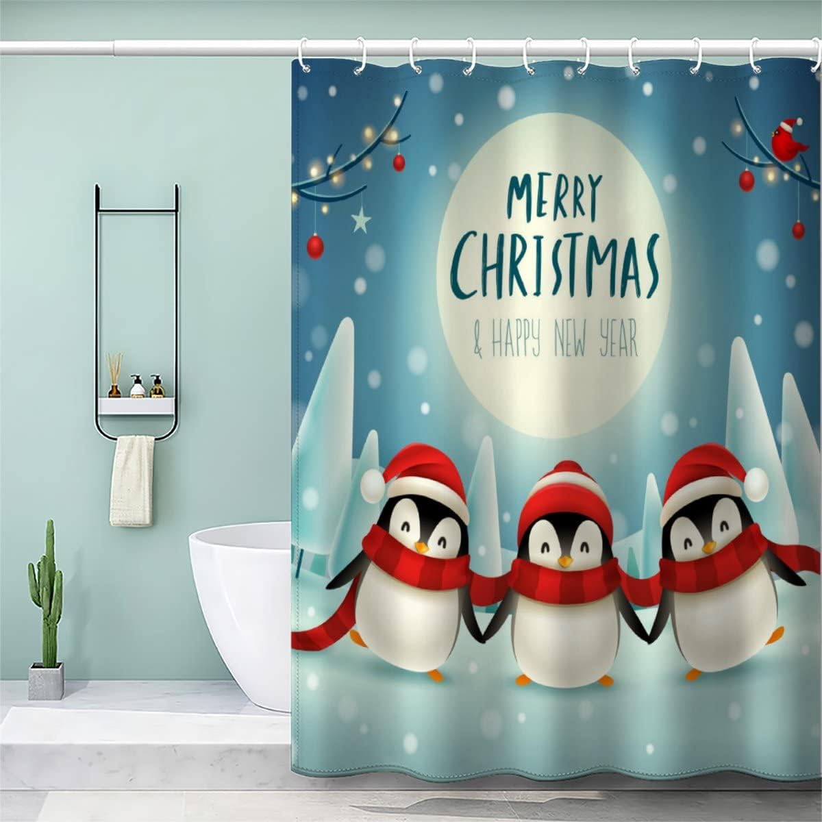 3D Kawaii Penguin Christmas Shower Curtain - Small Farmhouse Bathroom Decor
