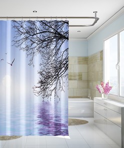 3D Lake Tree Lemon Shower Curtain With Waterproof Fiber For A Relaxing Bathroom