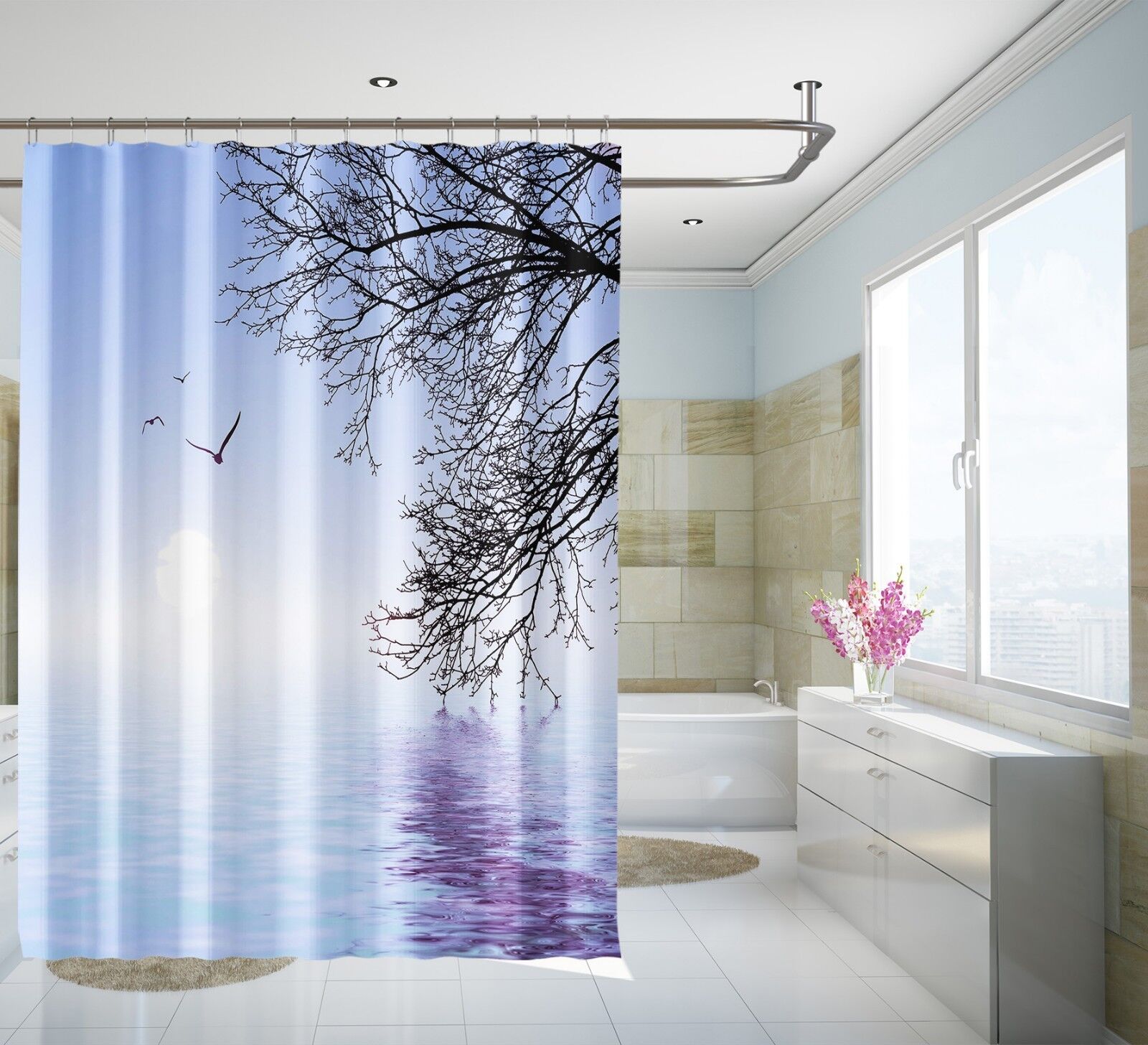 3D Lake Tree Lemon Shower Curtain With Waterproof Fiber For A Relaxing Bathroom
