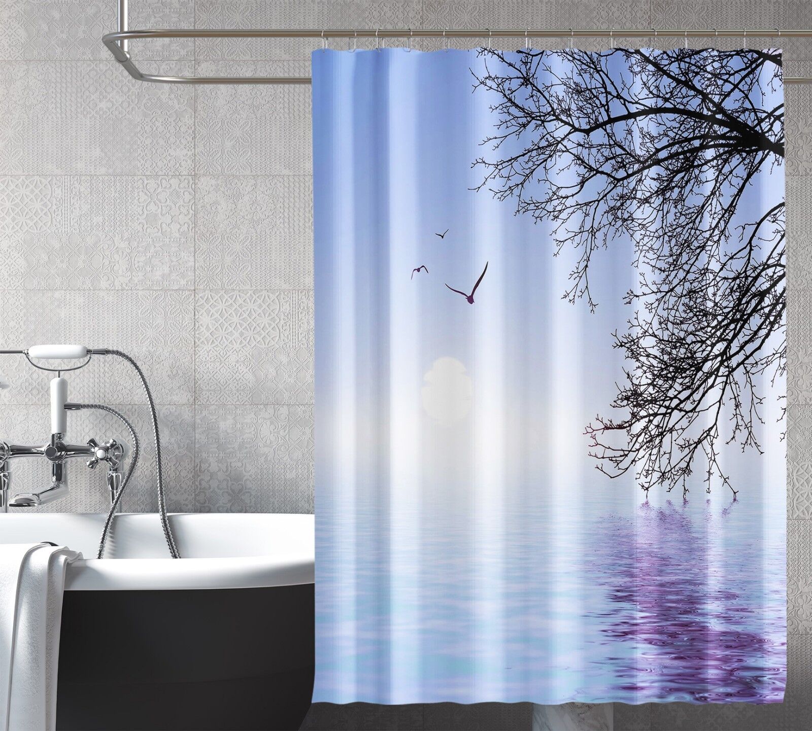 3D Lake Tree Lemon Shower Curtain With Waterproof Fiber For A Relaxing Bathroom - Image 2
