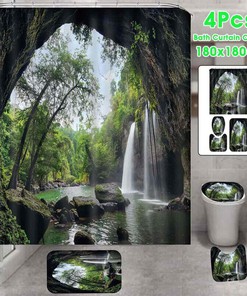 3D Landscape Forest Waterfall Shower Curtain For A Scenic Bathroom