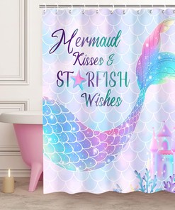 3D Mermaid Tail Shower Curtain with Fluorescent Blue and Purple, Ocean Theme Kids Bathroom Decor 