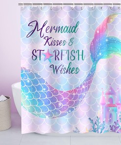 3D Mermaid Tail Shower Curtain with Fluorescent Blue and Purple, Ocean Theme Kids Bathroom Decor