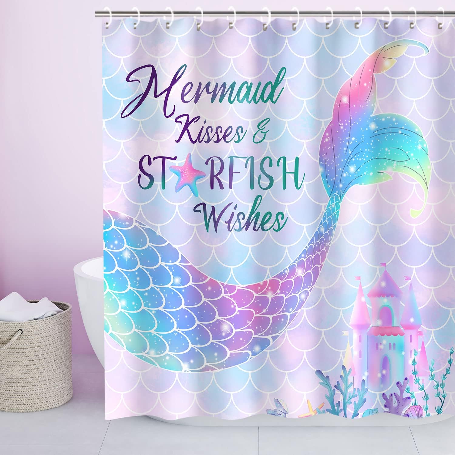 3D Mermaid Tail Shower Curtain with Fluorescent Blue and Purple, Ocean Theme Kids Bathroom Decor