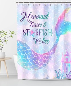 3D Mermaid Tail Shower Curtain with Fluorescent Blue and Purple, Ocean Theme Kids Bathroom Decor