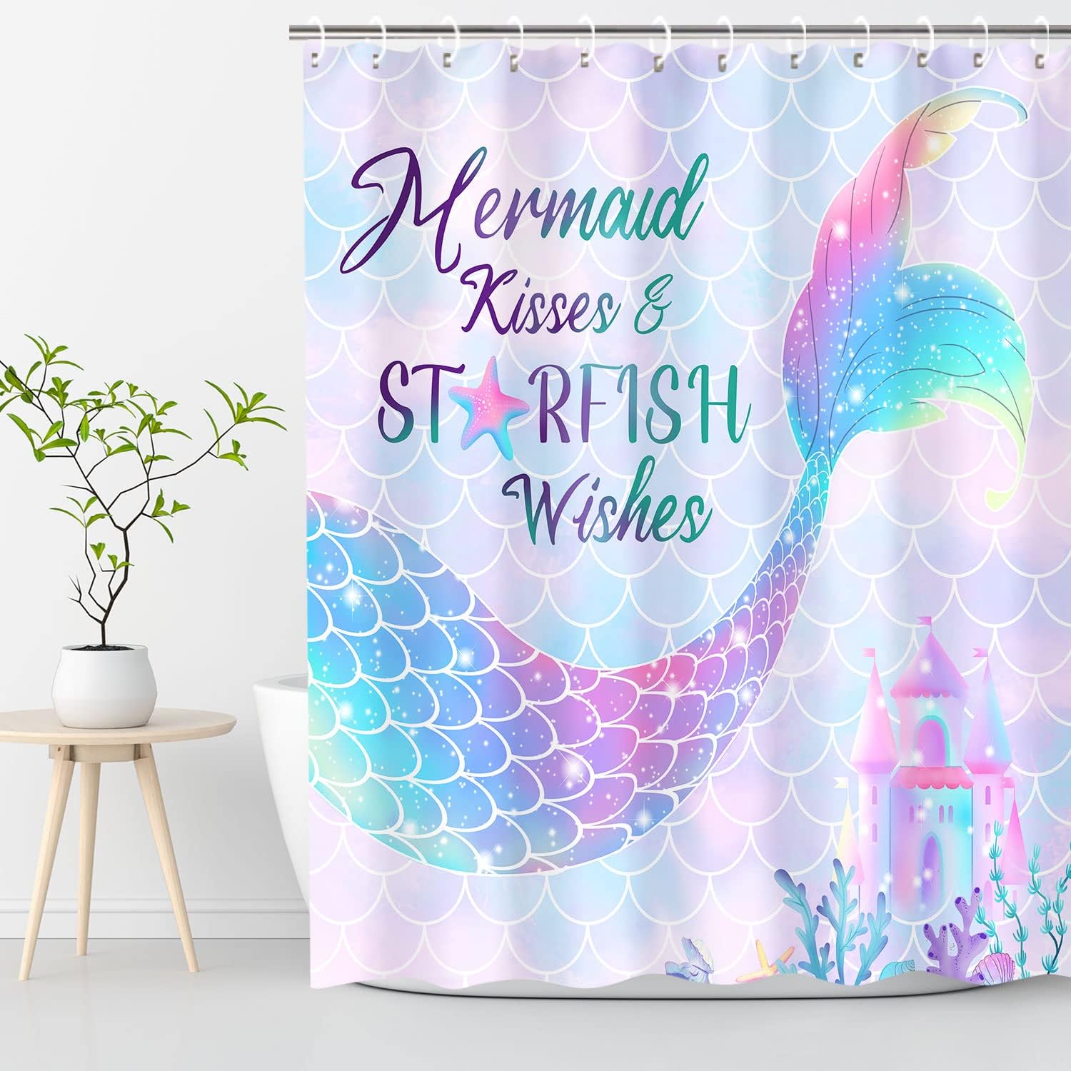 3D Mermaid Tail Shower Curtain with Fluorescent Blue and Purple, Ocean Theme Kids Bathroom Decor