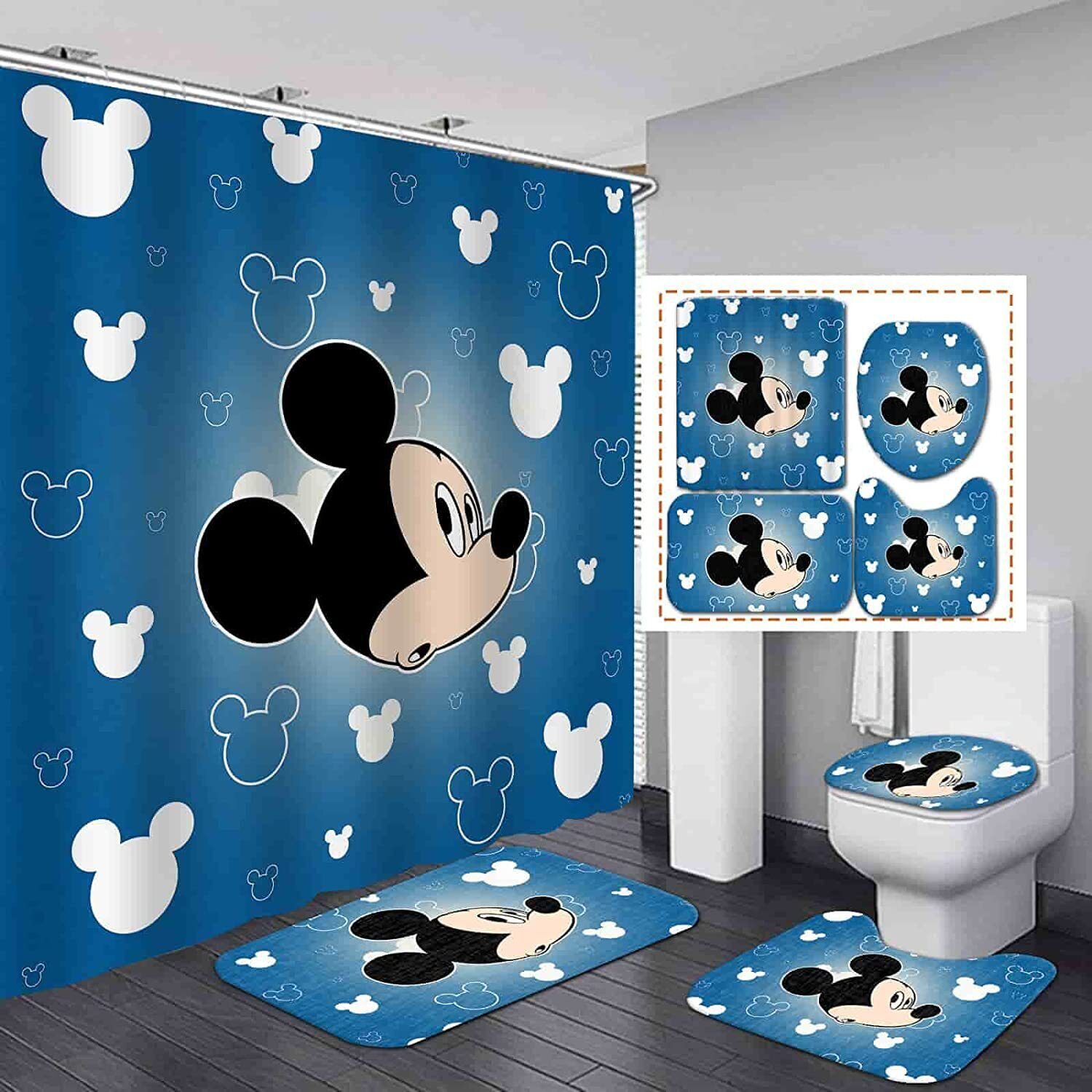 3D Mickey Mouse Waterproof Shower Curtain with Mat Lid for a Coordinated Bath Experience
