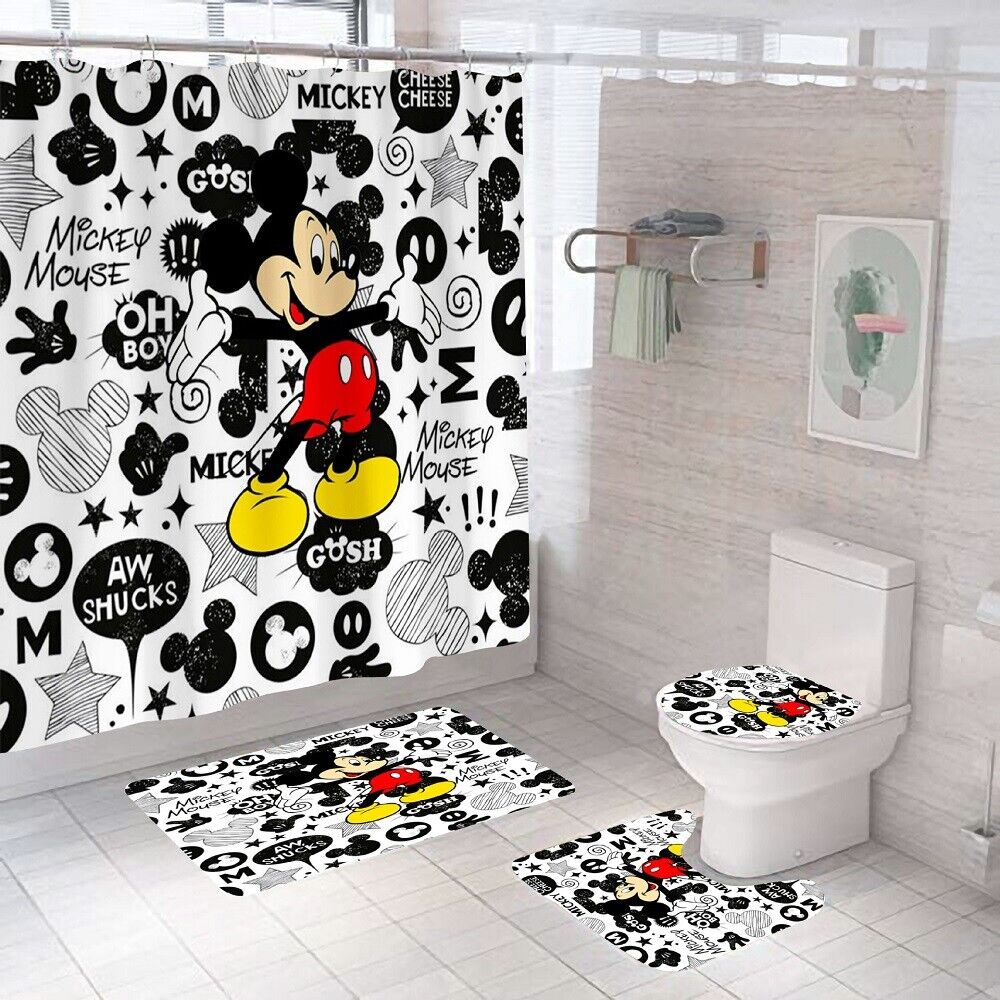 3D Mickey Mouse Waterproof Shower Curtain with Mat Lid for a Coordinated Bath Experience