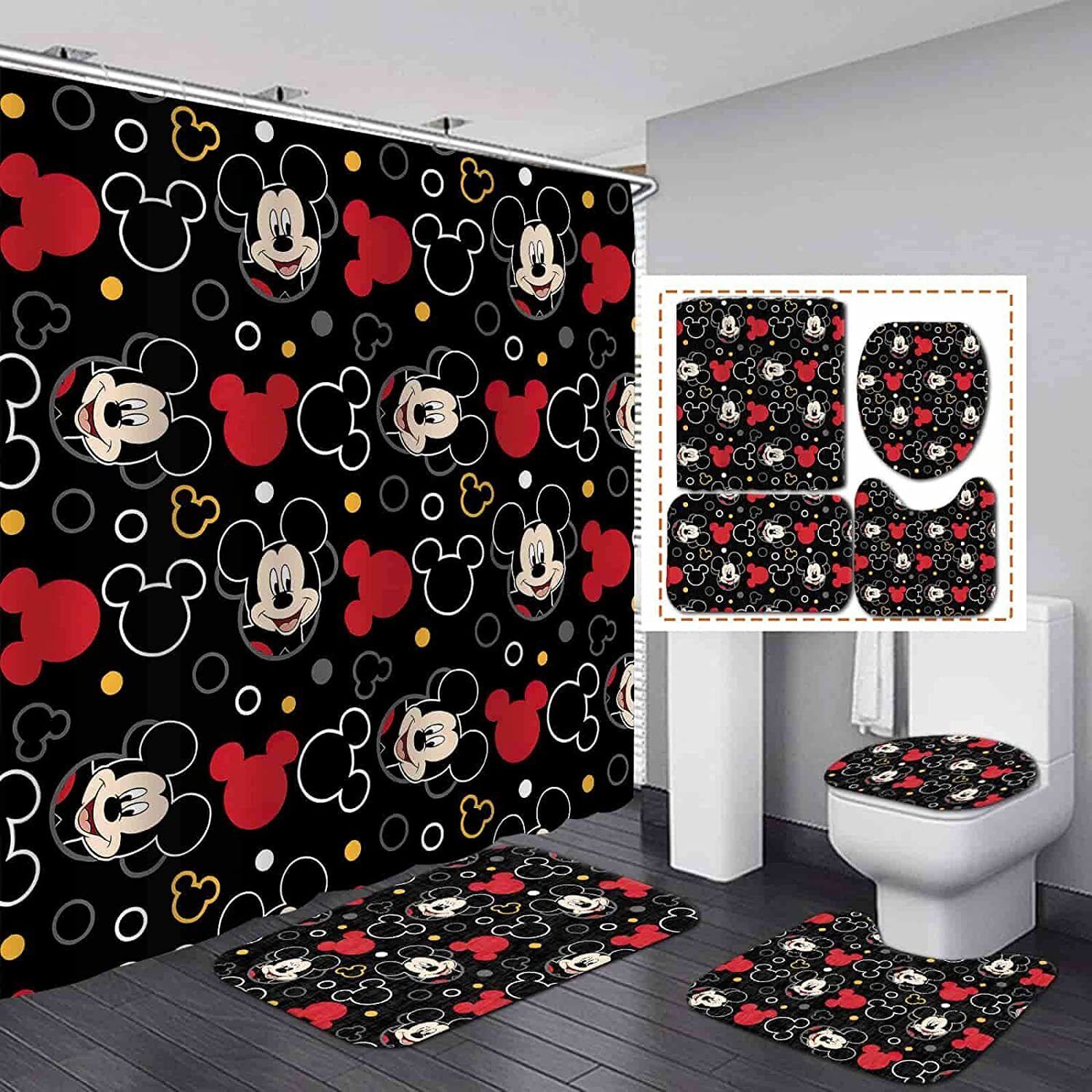 3D Mickey Mouse Waterproof Shower Curtain with Mat Lid for a Coordinated Bath Experience