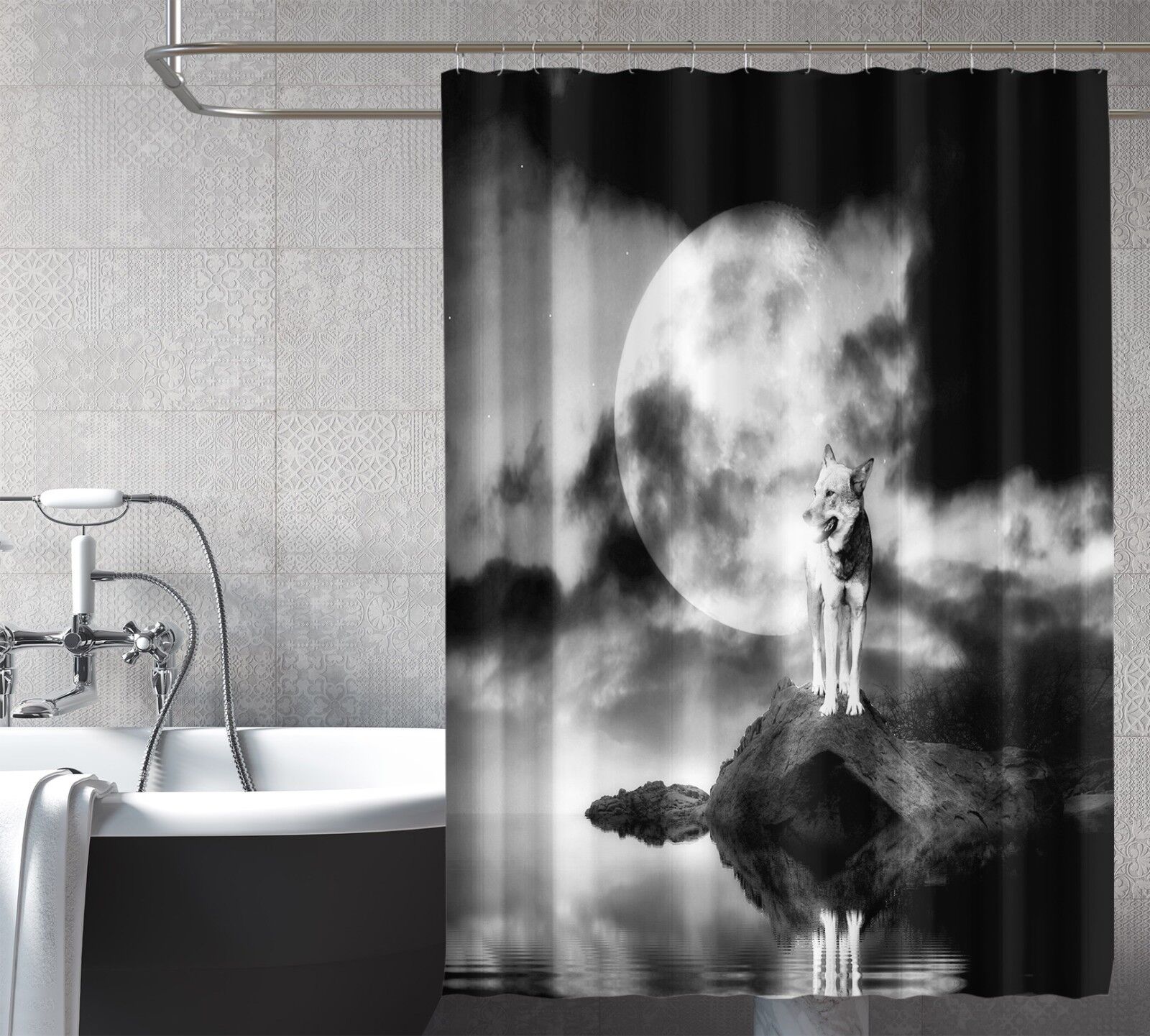 3D Moon Wolf 24 Shower Curtain Waterproof Fiber For A Mysterious Bathroom - Image 2