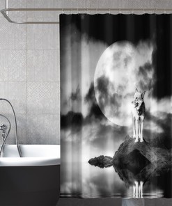 3D Moon Wolf Shower Curtain Waterproof Fiber For A Bold And Majestic Bathroom