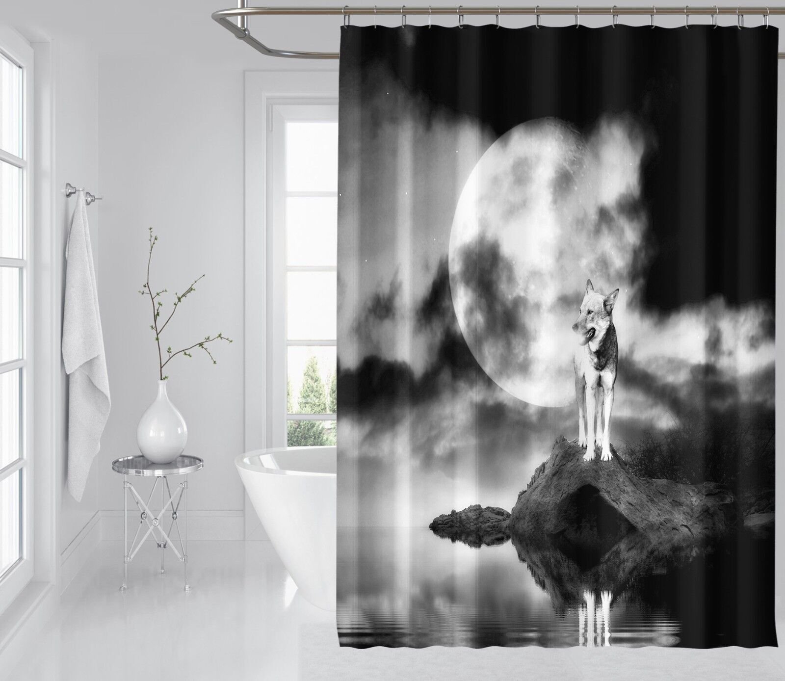 3D Moon Wolf Shower Curtain Waterproof Fiber For A Bold And Majestic Bathroom - Image 2