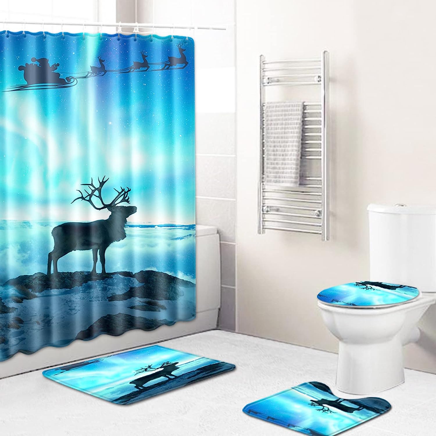 3D Moose Sleigh Christmas Shower Curtain for Bathroom