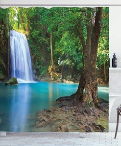 3D Nature Landscape Shower Curtain, Waterfall Scenery Design, Waterproof Fabric for Bathroom