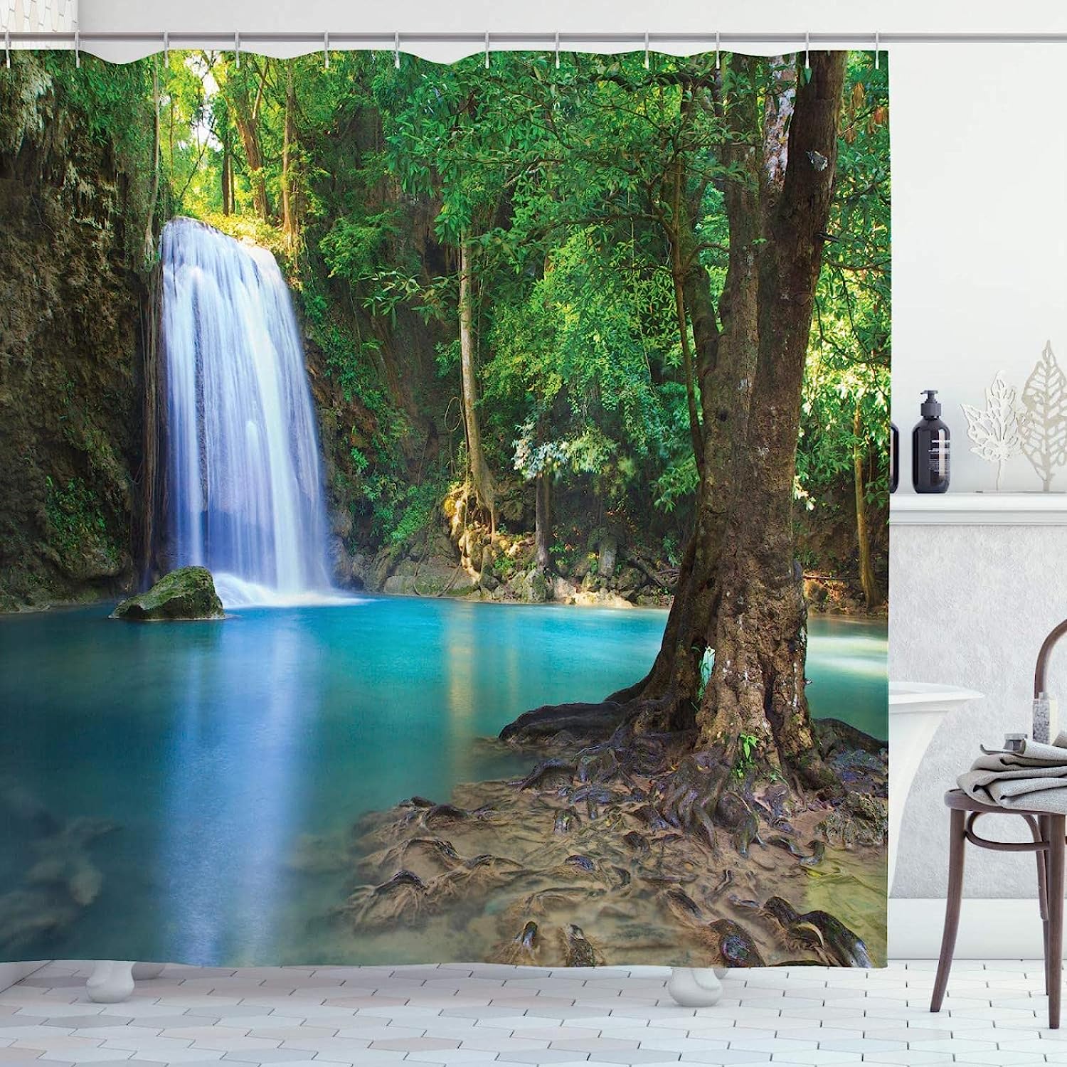 3D Nature Landscape Shower Curtain, Waterfall Scenery Design, Waterproof Fabric for Bathroom