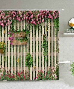 3D Outdoor Garden Fence Scenery Shower Curtain, Fence Seed Garden Waterproof Design