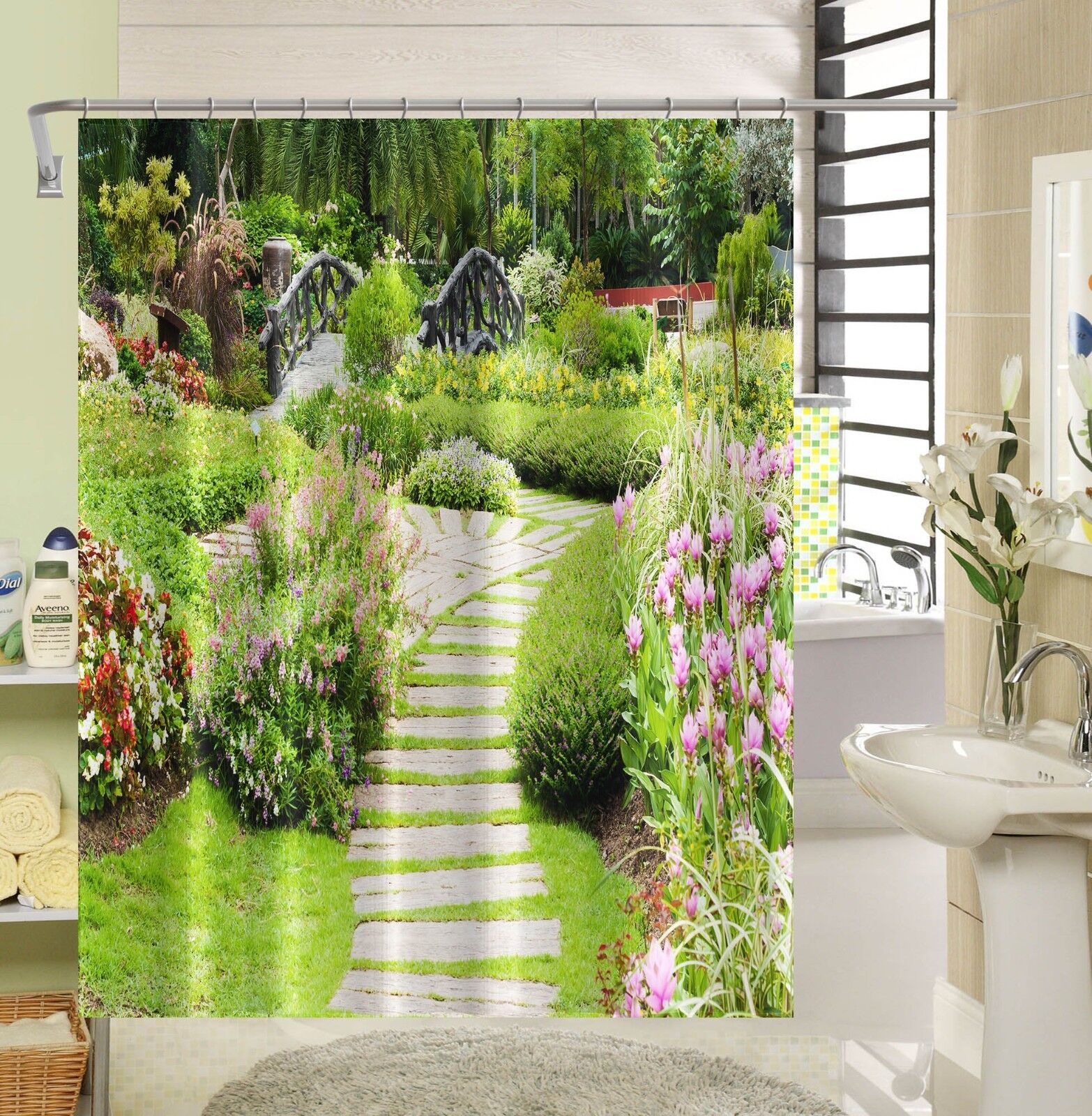 3D Park Garden 1 Shower Curtain Waterproof Fiber For A Nature-Inspired Bathroom - Image 2
