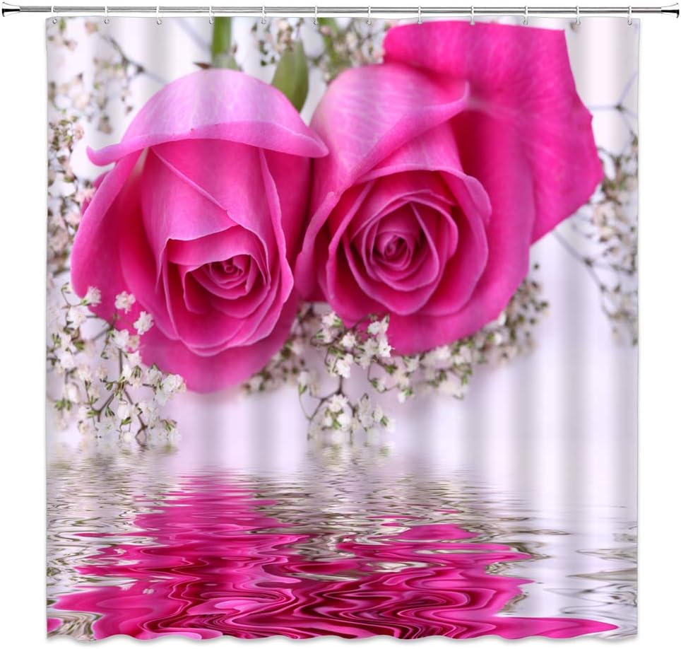 3D Pink Rose Print Shower Curtain with Blooming Flowers for Bathroom Decor