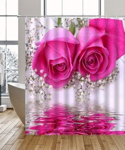 3D Pink Rose Print Shower Curtain with Blooming Flowers for Bathroom Decor