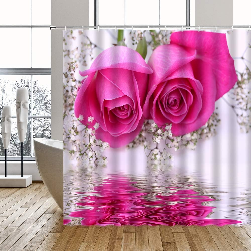 3D Pink Rose Print Shower Curtain with Blooming Flowers for Bathroom Decor