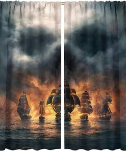 3D Pirate Ship and Sea Historic Vessel Curtains - Living Room Bedroom Window Drapes for Ocean Theme