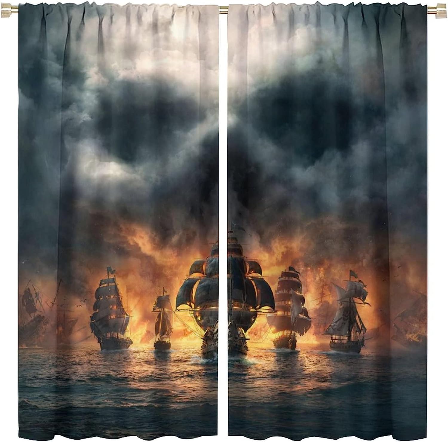 3D Pirate Ship and Sea Historic Vessel Curtains - Living Room Bedroom Window Drapes for Ocean Theme