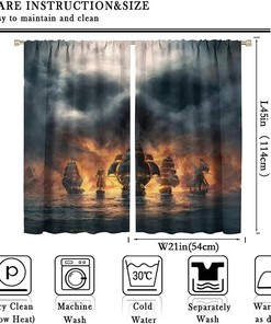 3D Pirate Ship and Sea Historic Vessel Curtains - Living Room Bedroom Window Drapes for Ocean Theme