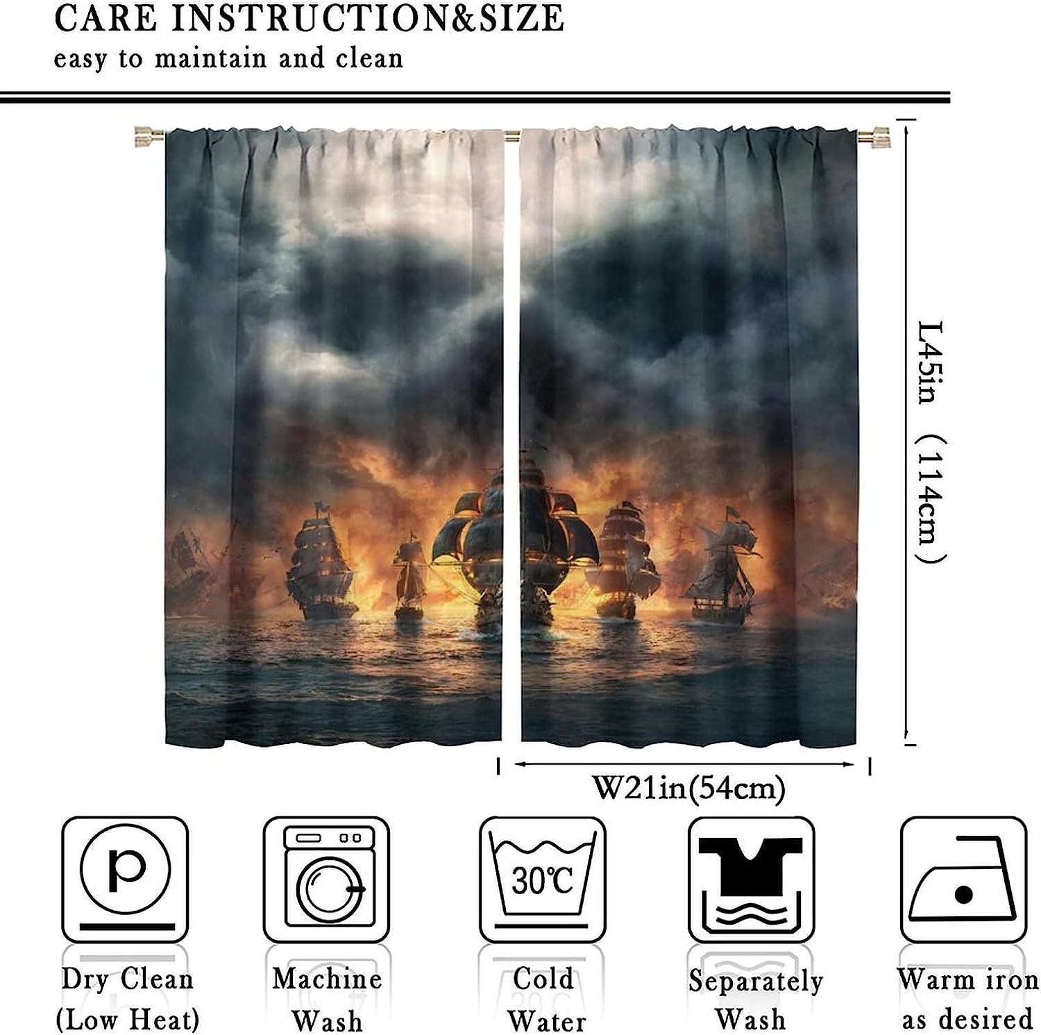 3D Pirate Ship and Sea Historic Vessel Curtains - Living Room Bedroom Window Drapes for Ocean Theme