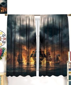 3D Pirate Ship and Sea Historic Vessel Curtains - Living Room Bedroom Window Drapes for Ocean Theme