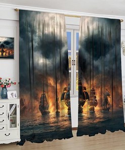 3D Pirate Ship and Sea Historic Vessel Curtains - Living Room Bedroom Window Drapes for Ocean Theme