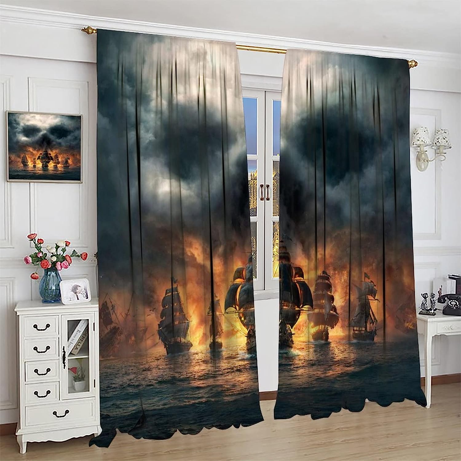 3D Pirate Ship and Sea Historic Vessel Curtains - Living Room Bedroom Window Drapes for Ocean Theme