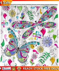 3D Print Colorful Dragonfly Shower Curtain For Unique Bathroom Decor