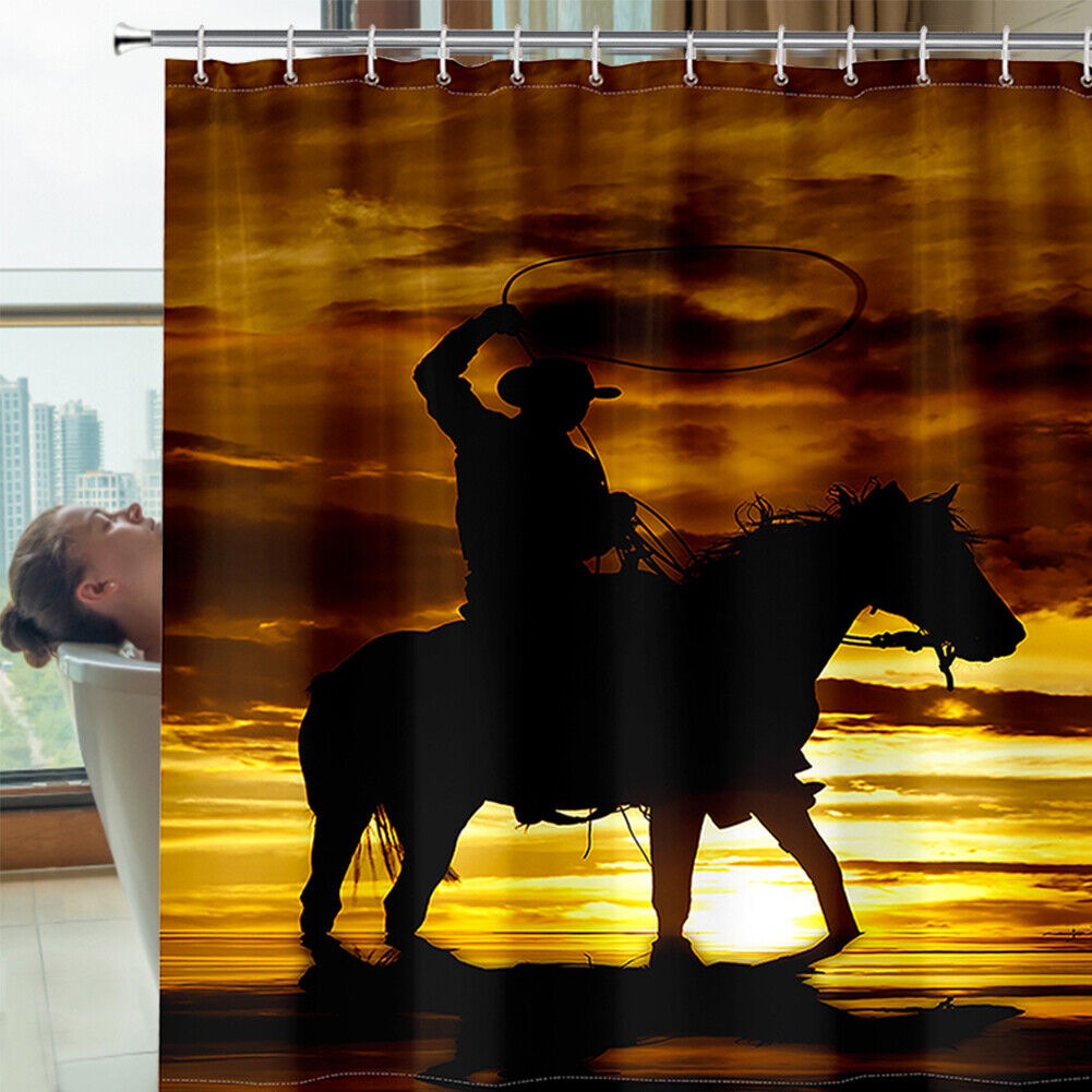 3D Print Sunset Horse Racing Shower Curtain, Waterproof Cloth Bathroom Decor, Ideal for Horse Lovers