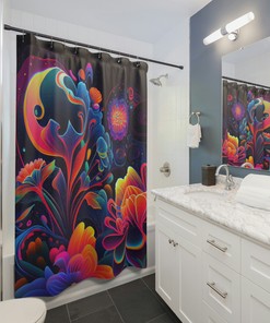 3D Printed Cosmic Garden Shower Curtain For Boho Bathroom Decor