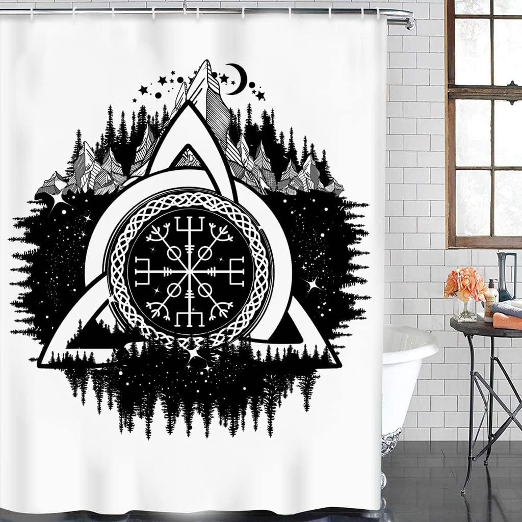 3D Printed Norse Decor Vikings Odin Rune Shower Curtain Liner, Unique Totem Art for Bathroom, Waterproof and Durable
