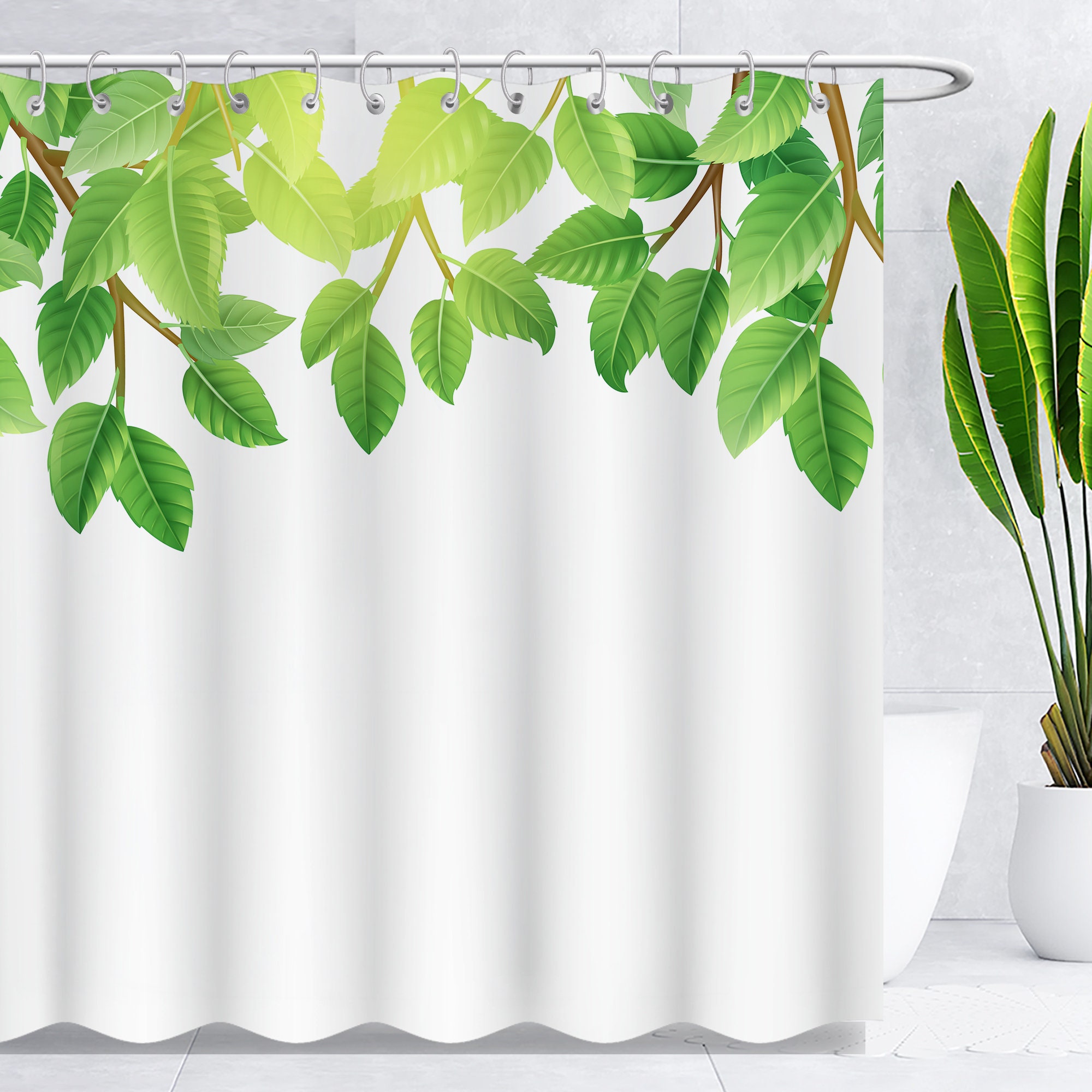 3D Printed Washable Green Leaves Shower Curtain With Plant Leaf Prints For A Modern Bathroom Decor