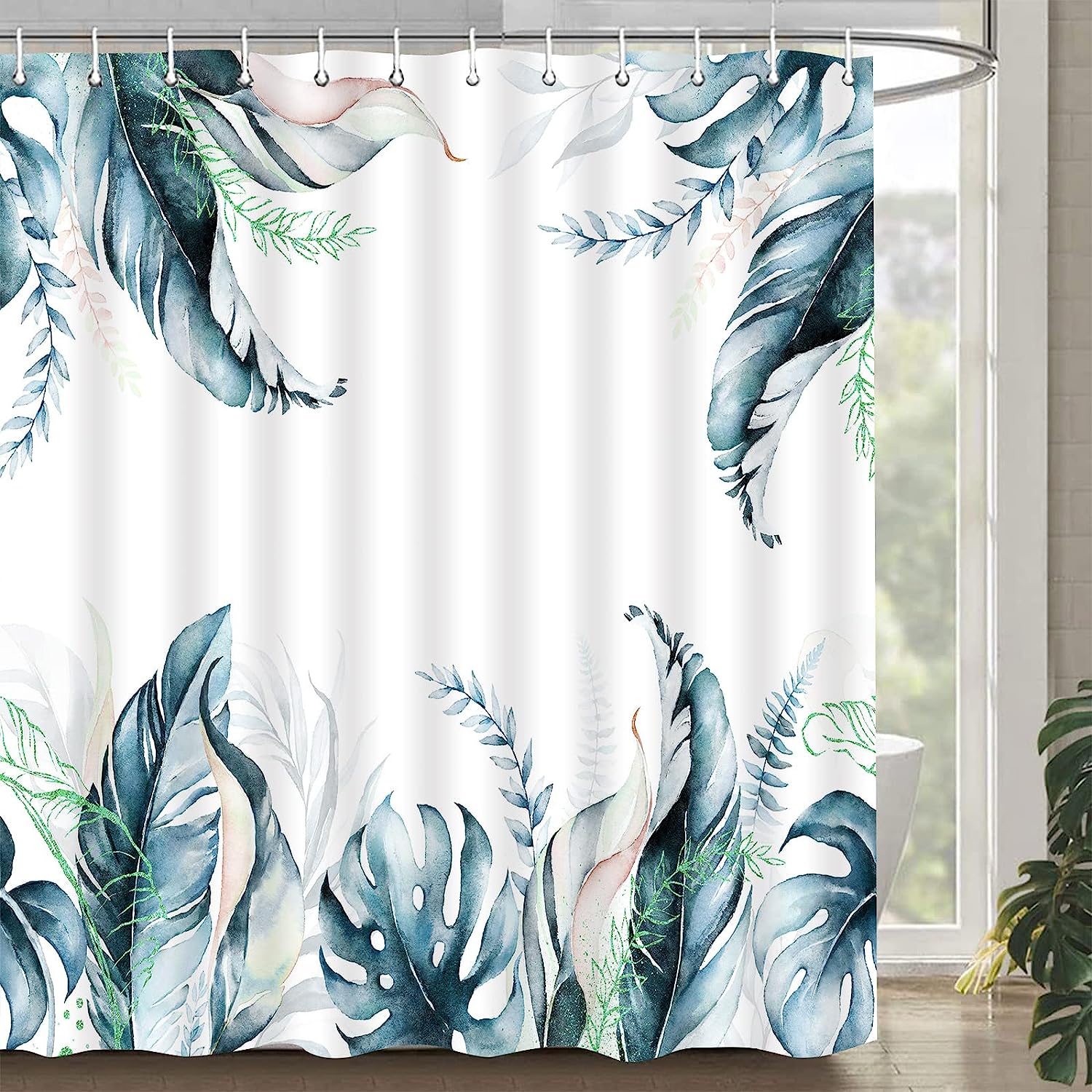 3D Scenic Blue Greek Door With Sea View Shower Curtain, Outdoor Garden Fence Design
