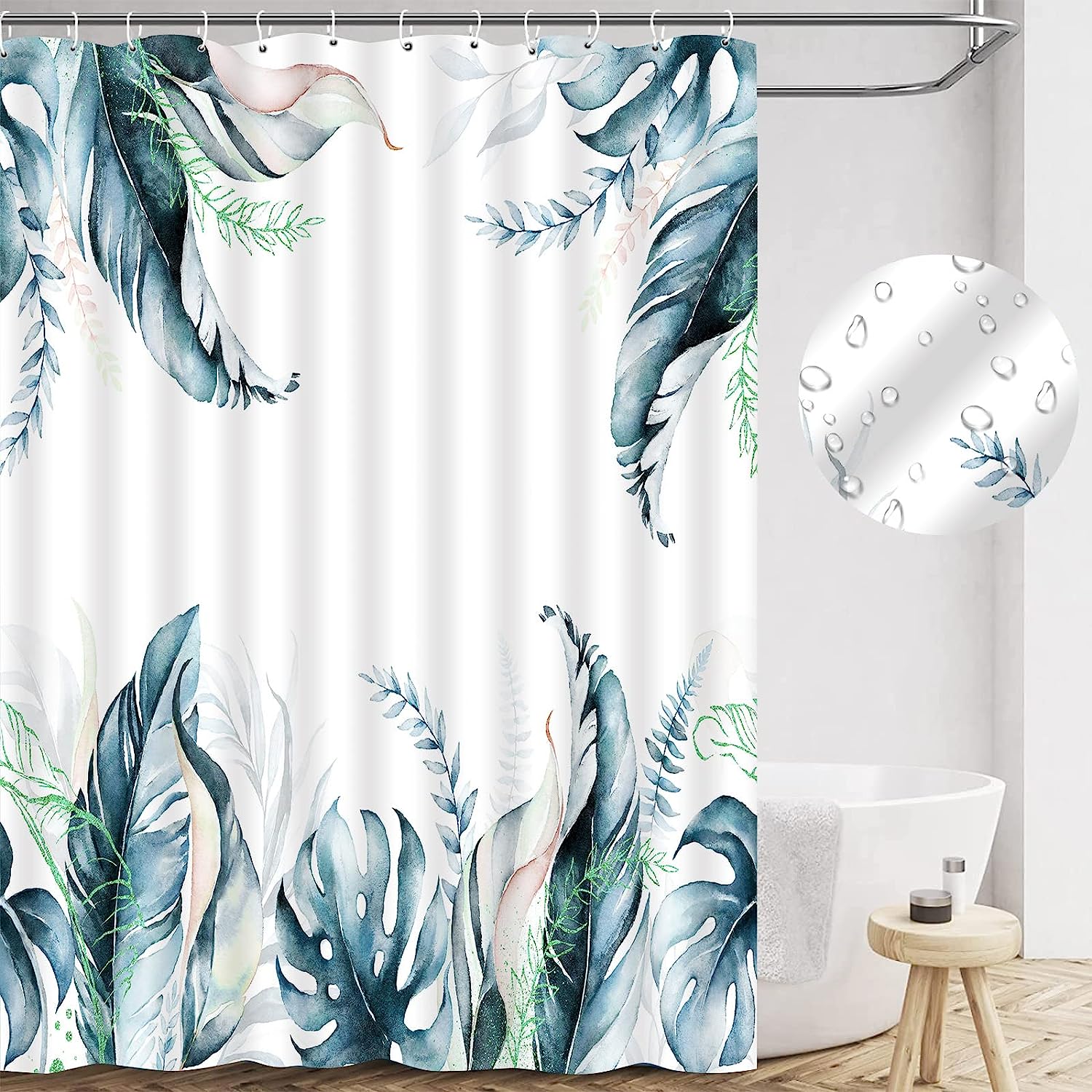 3D Scenic Blue Greek Door With Sea View Shower Curtain, Outdoor Garden Fence Design - Image 2